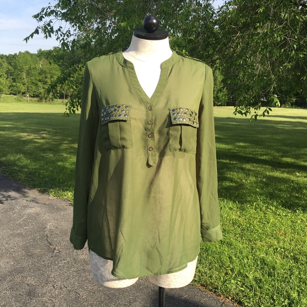 Pat Rego Green Studded Button Vneck Shirt 1X